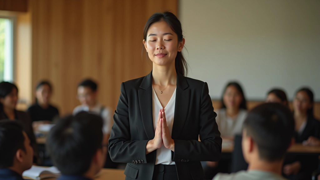 Facilitator demonstrating a breathing technique exercise to workshop participants who are sitting and paying attention